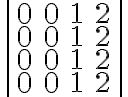 \left| { \begin{array}{rrrr} 0 & 0 & 1 & 2 \\ 0 & 0 & 1 & 2 \\ 0 & 0 & 1 & 2 \\ 0 & 0 & 1 & 2 \end{array} } \right|